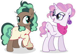Size: 6681x4778 | Tagged: safe, artist:cirillaq, minty mocha, raspberry latte, earth pony, pony, unicorn, g4, absurd resolution, clothes, duo, ear piercing, earring, female, freckles, glasses, jewelry, mare, piercing, raised hoof, simple background, transparent background, vector