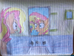 Size: 3264x2448 | Tagged: safe, artist:dupontsimon, sunset shimmer, pony, unicorn, fanfic:magic show of friendship, equestria girls, g4, fanfic art, high res, lined paper, mirror, reflection, sink, traditional art