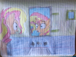 Size: 3264x2448 | Tagged: safe, artist:static51302, sunset shimmer, pony, unicorn, fanfic:magic show of friendship, equestria girls, g4, fanfic art, high res, lined paper, mirror, reflection, sink, traditional art