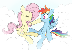 Size: 3393x2351 | Tagged: safe, artist:reconprobe, fluttershy, rainbow dash, pegasus, pony, g4, boop, cloud, cute, duo, eyes closed, female, high res, lesbian, mare, on a cloud, ship:flutterdash, shipping, sitting, sitting on a cloud, spread wings, surprised, varying degrees of amusement, wings