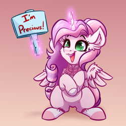 Size: 4000x4000 | Tagged: safe, artist:witchtaunter, oc, oc only, oc:sakura, alicorn, pony, absurd resolution, alicorn oc, gradient background, holding sign, horn, levitation, magic, sign, sitting, solo, telekinesis, wings