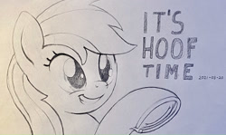 Size: 1440x857 | Tagged: safe, anonymous artist, rainbow dash, pegasus, pony, g4, caption, fetish, frog (hoof), grin, hoof fetish, hooves, monochrome, pencil drawing, raised hoof, smiling, solo, text, traditional art, underhoof