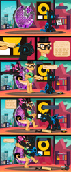 Size: 697x1675 | Tagged: safe, artist:wheatley r.h., derpibooru exclusive, oc, oc only, oc:lara, oc:myoozik the dragon, oc:w. rhinestone eyes, changeling, dragon, honeypot changeling, angry, bat wings, blue changeling, broken, changeling oc, city, cityscape, comic, dragon oc, female, folded wings, funny, geode, gold record, gun, happy, hissing, male, mare, penthouse, pink changeling, record, record player, ride, riding, shotgun, song reference, stallion, tongue out, tranquil fury, turntable, vector, war (band), watermark, weapon, why can't we be friends, wings