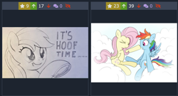 Size: 1104x598 | Tagged: safe, anonymous artist, artist:reconprobe, fluttershy, rainbow dash, pegasus, pony, derpibooru, g4, boop, caption, cloud, cute, duo, eyes closed, female, fetish, frog (hoof), grin, hoof fetish, juxtaposition, juxtaposition win, mare, meme, meta, on a cloud, pencil drawing, sitting, sitting on a cloud, smiling, spread wings, surprised, text, traditional art, underhoof, varying degrees of amusement, wings