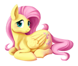 Size: 1132x966 | Tagged: safe, artist:lezzlesdrawsponies, fluttershy, pegasus, pony, g4, cute, daaaaaaaaaaaw, female, folded wings, looking at you, lying down, mare, ponyloaf, prone, shyabetes, simple background, smiling, solo, transparent background, turned head, wings