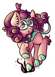 Size: 2498x3470 | Tagged: safe, artist:coco-drillo, oc, oc only, oc:nouth, kirin, pony, chest fluff, chibi, ear fluff, fire, glasses, high res, horn, jumping, looking at you, raised hoof, simple background, smiling, solo, transparent background