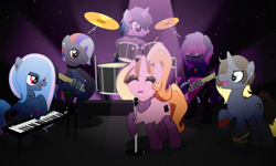 Size: 3000x1800 | Tagged: safe, artist:katelynleeann42, oc, oc only, oc:berrie brush, oc:black diamonds, oc:crystal lilies, oc:dusk harmony, oc:hazy lights, oc:shadow rhythm, earth pony, pony, unicorn, drum set, drums, female, guitar, keyboard, keyboards, male, mare, musical instrument, stallion