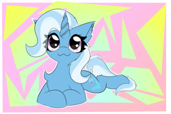 Size: 3543x2362 | Tagged: safe, artist:jubyskylines, trixie, pony, unicorn, g4, :3, abstract background, chest fluff, cute, diatrixes, female, high res, horn, lying down, mare, prone, smiling, solo