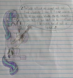 Size: 1465x1556 | Tagged: safe, artist:mr.myoozik, derpibooru exclusive, starlight glimmer, pony, unicorn, g4, acoustic guitar, carole king, cutie mark, eyelashes, eyes closed, female, guitar, hair, hair flip, happy, james taylor, lined paper, lyrics, mane, mare, musical instrument, notebook, open mouth, photo, singing, sitting, skunk stripe, solo, song reference, speech bubble, starlight glimmer day, strumming, tail, text, traditional art, you've got a friend