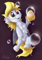 Size: 2516x3543 | Tagged: safe, artist:safizejaart, derpy hooves, pegasus, pony, g4, bubble, chest fluff, fluffy, high res, simple background, smiling, wings