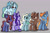 Size: 1600x1069 | Tagged: safe, artist:caramelbolt24, oc, oc only, oc:astronomical mercury, oc:autumn valentine apple, oc:rainfall bay, oc:spring sheen apple, oc:summershine apple, oc:trichocolate, earth pony, pegasus, pony, unicorn, braid, braided tail, curved horn, deviantart watermark, ear fluff, earth pony oc, flying, gray background, group, hoof polish, horn, looking back, obtrusive watermark, pegasus oc, raised hoof, simple background, smiling, two toned wings, unicorn oc, watermark, wings