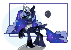 Size: 1920x1342 | Tagged: safe, artist:caramelbolt24, princess luna, alicorn, pony, g4, alternate design, cloven hooves, constellation, curved horn, ear fluff, ethereal mane, female, galaxy mane, hoof fluff, horn, jewelry, mare, peytral, raised hoof, signature, simple background, solo, tiara, transparent background, wings