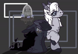 Size: 1668x1163 | Tagged: safe, artist:caramelbolt24, oc, oc only, oc:eventide, hybrid, pegasus, pony, abstract background, cloven hooves, ear fluff, gravestone, interspecies offspring, looking back, male, offspring, parent:discord, parent:princess luna, parents:lunacord, pegasus oc, raised hoof, signature, solo, transgender, two toned wings, wings