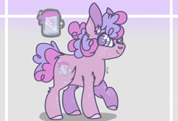 Size: 2388x1638 | Tagged: safe, artist:caramelbolt24, oc, oc only, oc:glitter jar, earth pony, pony, abstract background, colored hooves, ear fluff, earth pony oc, female, magical lesbian spawn, mare, offspring, parent:pinkie pie, parent:twilight sparkle, parents:twinkie, raised hoof, signature, smiling, solo, transgender