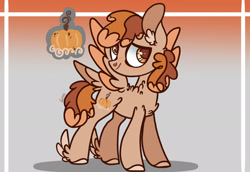 Size: 2388x1641 | Tagged: safe, artist:caramelbolt24, oc, oc only, oc:pumpkin spice, oc:pumpkin spice latte, pegasus, pony, abstract background, chest fluff, ear fluff, looking back, magical lesbian spawn, male, offspring, parent:applejack, parent:pinkie pie, parents:applepie, pegasus oc, signature, smiling, solo, stallion, two toned wings, wings