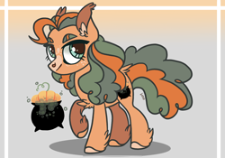 Size: 2388x1668 | Tagged: safe, artist:caramelbolt24, oc, oc only, oc:pumpkin brew, earth pony, pony, abstract background, cauldron, colored hooves, ear fluff, earth pony oc, female, magical lesbian spawn, mare, offspring, parent:applejack, parent:pinkie pie, parents:applepie, signature, smiling, solo