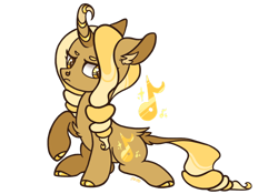 Size: 1920x1342 | Tagged: safe, artist:caramelbolt24, oc, oc only, oc:golden glitter, classical unicorn, pony, unicorn, cloven hooves, curved horn, ear fluff, female, frown, horn, leonine tail, magical lesbian spawn, mare, offspring, parent:fluttershy, parent:rarity, parents:flarity, raised hoof, signature, simple background, sitting, solo, story included, transparent background, unicorn oc, unshorn fetlocks