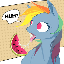 Size: 2000x2000 | Tagged: safe, artist:baccizoof, artist:vosaznosa, rainbow dash, pegasus, pony, g4, cel shading, dots, drool, drool string, female, food, gross, herbivore, high res, jelly, mare, modern art, mouth, no pupils, pop art, shading, simple, solo, speech bubble, suggestive eating, tongue out, watermelon, wingless