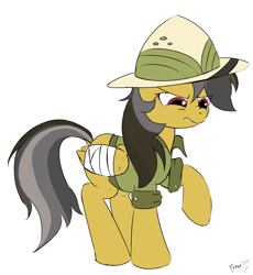 Size: 1279x1391 | Tagged: safe, artist:ponerino, daring do, g4, bandage, colored, digital art, flat colors, hat, scrunchy face