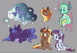 Size: 1600x1120 | Tagged: safe, artist:caramelbolt24, oc, oc only, alicorn, hybrid, pony, unicorn, alicorn oc, book, bust, dream, ear fluff, female, gray background, grin, horn, interspecies offspring, magical gay spawn, mare, offspring, parent:spike, parent:thorax, parents:applelestia, parents:shiningluna, parents:thoraxspike, reading, signature, simple background, sitting, sleeping, smiling, solo, unicorn oc, wings