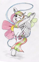 Size: 2509x4026 | Tagged: safe, artist:40kponyguy, derpibooru exclusive, blossomforth, pegasus, pony, g4, cutie mark background, dancing, ear fluff, female, gymnastics, looking at you, mare, one eye closed, ribbon, simple background, solo, spread wings, standing, standing on one leg, traditional art, underhoof, wings, wink