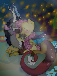Size: 899x1200 | Tagged: safe, artist:cocolove2176, discord, fluttershy, draconequus, pegasus, pony, g4, blushing, eyes closed, female, flower, hug, kissing, lying down, male, mare, night, prone, ship:discoshy, shipping, straight, wings