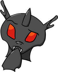 Size: 561x695 | Tagged: safe, artist:shifttgc, oc, oc only, oc:shift changeling, changeling, aggie.io, changeling ears, changeling oc, ears, emoji, fangs, hooves, horn, red changeling, red eyes, simple background, solo, thinking, transparent background, 🤔