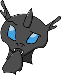 Size: 561x695 | Tagged: safe, artist:shifttgc, changeling, aggie.io, changeling ears, ears, emoji, fangs, hooves, horn, simple background, solo, thinking, transparent background, 🤔