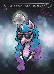 Size: 1506x2048 | Tagged: safe, artist:catscratchpaper, izzy moonbow, pony, unicorn, g5, ball, disco ball, glasses, hair, horn, hornball, izzy impaling things, solo, tongue out