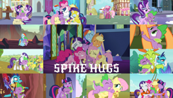 Size: 1280x721 | Tagged: safe, edit, edited screencap, editor:quoterific, screencap, applejack, cheerilee, fluttershy, pinkie pie, princess ember, rainbow dash, rarity, spike, starlight glimmer, thorax, twilight sparkle, alicorn, changedling, changeling, dragon, earth pony, pegasus, pony, unicorn, a horse shoe-in, castle sweet castle, feeling pinkie keen, gauntlet of fire, inspiration manifestation, ppov, secret of my excess, shadow play, sparkle's seven, spike at your service, the crystal empire, the crystalling, triple threat, bag, bloodstone scepter, cheeribetes, collage, cute, daaaaaaaaaaaw, dashabetes, diapinkes, dragon armor, dragoness, duo, ember is not amused, eyes closed, female, gritted teeth, group hug, hat, hug, jackabetes, king thorax, leg hug, lifejacket, male, mane seven, mane six, mare, open mouth, raribetes, royal guard rarity, saddle bag, school of friendship, shyabetes, side hug, sitting, spikabetes, spikelove, starlight's office, teeth, thorabetes, throne room, trio, twilight sparkle (alicorn), twilight's castle, unamused, unicorn twilight