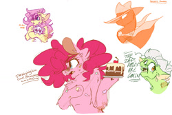 Size: 1280x854 | Tagged: safe, artist:trash0king, fluttershy, granny smith, mare do well, opalescence, pinkie pie, earth pony, pegasus, pony, family appreciation day, g4, secret of my excess, sweet and elite, the mysterious mare do well, cake, female, food, mare, scene interpretation, simple background, wet, wet fur, white background