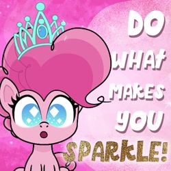 Size: 1080x1080 | Tagged: safe, pinkie pie, earth pony, pony, g4.5, my little pony: pony life, official, the tiara of truth, spoiler:pony life s02e06, :o, crown, day of happiness, facebook, female, jewelry, mare, open mouth, pink background, regalia, simple background, solo, text, tiara, wingding eyes