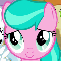 Size: 768x768 | Tagged: safe, screencap, aquamarine, boysenberry, cotton cloudy, gallop j. fry, pinkie feather, earth pony, pegasus, pony, g4, season 4, twilight time, bust, cropped, female, filly, mare, offscreen character, smiling, solo focus