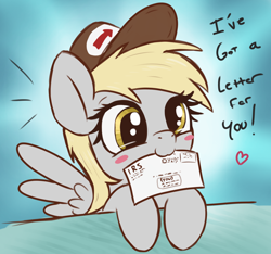 Size: 2226x2082 | Tagged: safe, artist:t72b, derpy hooves, pegasus, pony, g4, blushing, cute, daaaaaaaaaaaw, derpabetes, dissonance, equestria's best mailmare, hat, heart, high res, horse taxes, irs, letter, mailmare, mailmare hat, mouth hold, solo, taxes, this will end in bankruptcy