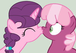 Size: 777x537 | Tagged: safe, artist:jadeharmony, artist:lullabyprince, cheerilee, sugar belle, earth pony, pony, unicorn, g4, base used, boop, duo, eyes closed, female, gray background, kiss on the lips, kissing, lesbian, mare, noseboop, shipping, simple background, sugarlee, surprised