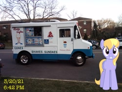 Size: 3264x2448 | Tagged: safe, artist:bluemeganium, artist:topsangtheman, cloud kicker, pegasus, pony, g4, high res, ice cream truck, irl, looking at you, photo, ponies in real life, solo