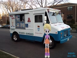 Size: 3264x2448 | Tagged: safe, artist:topsangtheman, cloud kicker, pony, equestria girls, g4, 3d, high res, ice cream truck, irl, looking at you, photo, ponies in real life, solo, source filmmaker