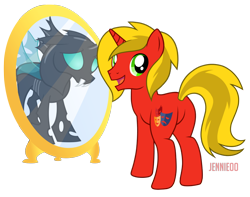 Size: 1200x947 | Tagged: safe, artist:jennieoo, oc, oc only, oc:brisk mask, changeling, pony, unicorn, butt, happy, male, mirror, plot, reflection, sad, show accurate, simple background, smiling, solo, stallion, transparent background