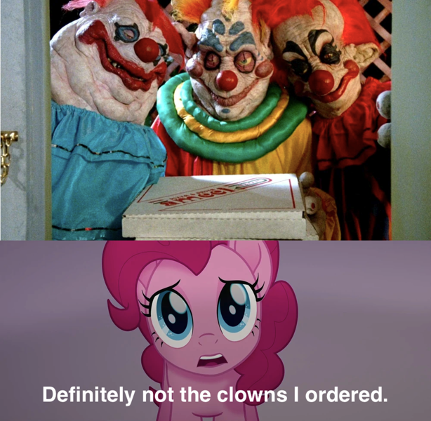 2575755 - safe, edit, edited screencap, screencap, pinkie pie, my little  pony: the movie, caption, clown, clown makeup, clown outfit, female, killer  klowns from outer space, mare, meme, movie reference, pizza box,