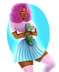 Size: 1080x1321 | Tagged: safe, alternate version, artist:alexdraws3, gummy, pinkie pie, alligator, human, g4, clothes, dark skin, female, humanized, skirt, smiling