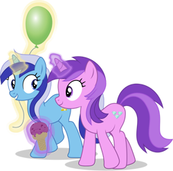 Size: 1280x1264 | Tagged: safe, artist:parclytaxel, artist:starcollider, amethyst star, minuette, sparkler, pony, unicorn, g4, no second prances, .svg available, balloon, duo, female, food, ice cream, looking at each other, magic, mare, simple background, transparent background, vector