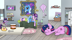 Size: 1920x1080 | Tagged: safe, artist:davierocket, starlight glimmer, trixie, twilight sparkle, alicorn, pony, unicorn, g4, ballerina, bedroom eyes, book, bust, drink, female, food, giant plushie, implied shipping, kite, lesbian, looking at each other, nutella, olive, picture, picture frame, pillow, plushie, portrait, princess, rug, ship:startrix, shipping, sign, smiling, spoon, starlight glimmer day, swear jar, tutu, twilarina, twilight sparkle (alicorn), wooden floor