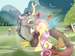 Size: 1200x899 | Tagged: safe, artist:cocolove2176, discord, fluttershy, draconequus, pegasus, pony, g4, blushing, chest fluff, eyes closed, female, heart, male, mare, mountain, outdoors, ship:discoshy, shipping, sitting, straight, tree, wings