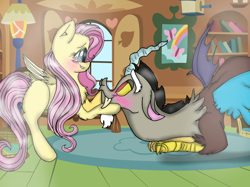Size: 1200x899 | Tagged: safe, artist:cocolove2176, discord, fluttershy, draconequus, pegasus, pony, g4, blushing, book, bookshelf, eyelashes, face down ass up, female, flying, indoors, looking at each other, male, mare, ship:discoshy, shipping, smiling, straight, wings