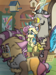 Size: 899x1200 | Tagged: safe, artist:cocolove2176, discord, fluttershy, oc, oc:coraliss rose, oc:disillusion, draconequus, hybrid, pegasus, pony, g4, bookshelf, crying, draconequus oc, female, indoors, interspecies offspring, male, mare, offspring, parent:discord, parent:fluttershy, parents:discoshy, ship:discoshy, shipping, story included, straight, wings