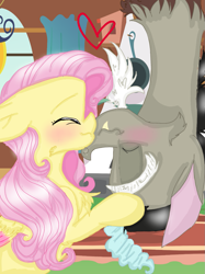 Size: 899x1200 | Tagged: safe, artist:cocolove2176, discord, fluttershy, draconequus, pegasus, pony, g4, blushing, bust, eyes closed, female, heart, indoors, kissing, male, mare, ship:discoshy, shipping, straight, upside down, wings