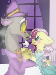 Size: 899x1200 | Tagged: safe, artist:cocolove2176, discord, fluttershy, draconequus, pegasus, pony, g4, blushing, bust, clothes, dress, eyelashes, female, hat, hug, indoors, looking at each other, male, mare, night, smiling, suit, top hat, wings