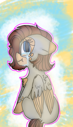 Size: 540x938 | Tagged: safe, artist:cocolove2176, oc, oc only, pegasus, pony, abstract background, crying, eyelashes, female, looking back, mare, pegasus oc, sitting, solo, two toned wings, wings
