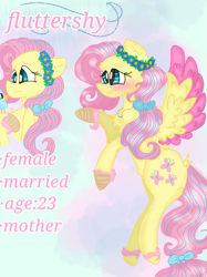 Size: 899x1200 | Tagged: safe, artist:cocolove2176, fluttershy, bird, pegasus, pony, g4, blushing, bust, eyelashes, female, floral head wreath, flower, flying, mare, redesign, reference sheet, smiling, story included, two toned wings, wings