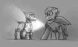 Size: 1280x768 | Tagged: safe, artist:captainhoers, oc, oc only, pegasus, pony, robot, robot pony, cloak, clothes, duo, female, flashlight (object), gray background, grayscale, mare, monochrome, simple background